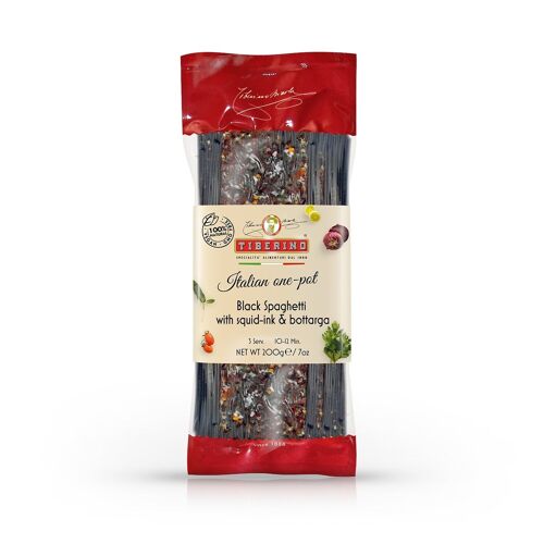 Black Spaghetti with Squid-Ink and Bottarga, ready-to-cook Italian pasta meal with seasoning - 3 servings