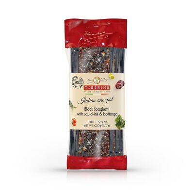 Black Spaghetti with Squid-Ink and Bottarga, ready-to-cook Italian pasta meal with seasoning - 3 servings