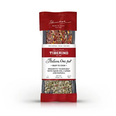 Spaghetti Neri "Marinara" avec Capperi & Paprika, pâtes italiennes prêtes à cuire avec condimento - 2 portions