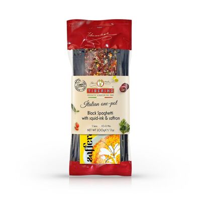 Black Spaghetti with Squid-Ink & Saffron, ready-to-cook Italian pasta with seasoning - 3 servings