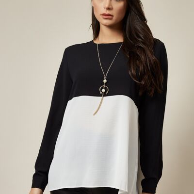 Long Sleeve Relaxed Fit Block Top With Necklace In Black And White