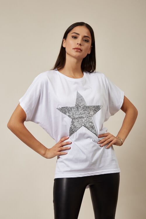 Sequin Star T-Shirt White - One sized