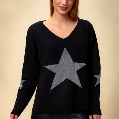 Oversized Long Sleeves Star Top with V Neck in Black - One Sized