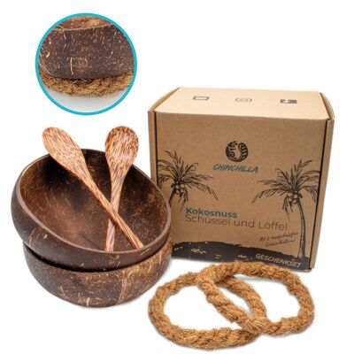 2 coconut shells + 2 retaining rings + 2 wooden spoons - cereal bowls