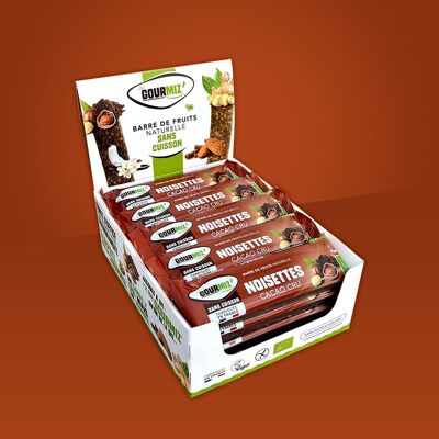 Barritas de frutas ecológicas, avellanas y cacao crudo, snack saludable sin gluten para gourmets y deportistas