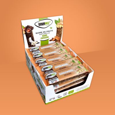 Barritas de frutas ecológicas, jengibre fresco y sésamo, sin gluten, snack saludable para gourmets y deportistas