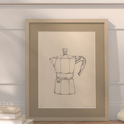 Moka-Kaffeekanne mit Passepartout und Rahmen | 30cm x 40cm | Linoleum