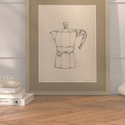 Moka-Kaffeekanne mit Passepartout und Rahmen | 30cm x 40cm | Linoleum