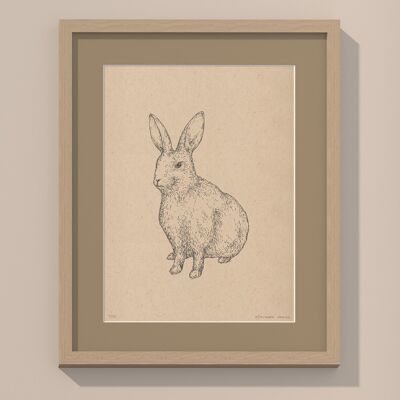 Kaninchen mit Passepartout und Rahmen | 30cm x 40cm | Linoleum