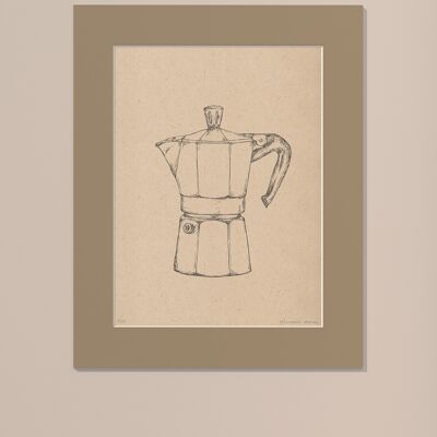 Drucken Kaffeekanne Moka mit Passepartout | 30cm x 40cm | Linoleum