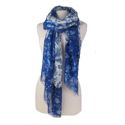 Sciarpa-stola in lana blu navy e bianca con motivo uccelli e fiori giardino inglese