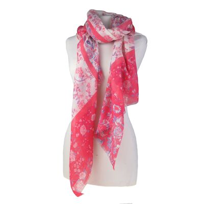Etole foulard en laine rose corail et blanc Jardin anglais