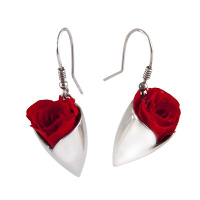 Prestige silver tulip earrings with real eternal red roses