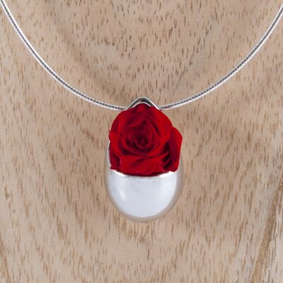 Collier Prestige Grande Goutte en argent massif avec une rose rouge éternelle