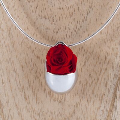 Prestige Grande Goutte necklace in sterling silver with an eternal red rose