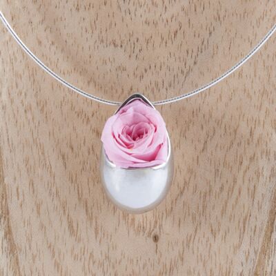 Collier Prestige Grande Goutte en argent massif avec une rose couleur rose claire éternelle