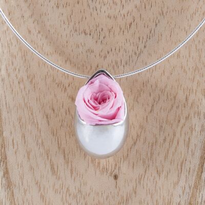 Prestige Grande Goutte necklace in sterling silver with an eternal light pink rose