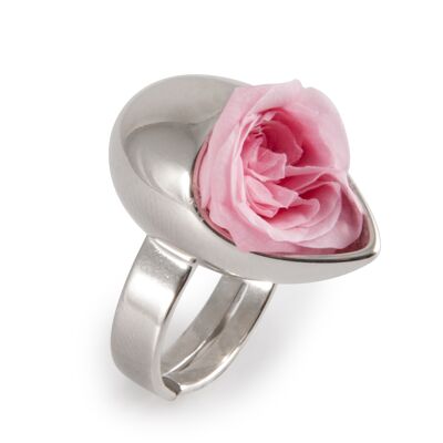 Prestige Ring in Silber Tropfen mit einer hübschen hellrosa Rose