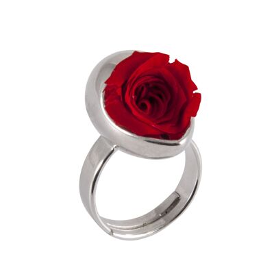 Prestigioso anello a goccia in argento con una graziosa rosa rossa