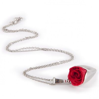 Collier Prestige Tulipe en argent avec une jolie rose rouge