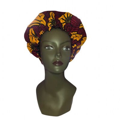 Bonnet de nuit Wax & satin red and yellow hibiscus