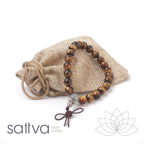 Sattva | TIJGEROOG 8mm mala edelsteen armband in kado zakje Tiger Eye met GURU kraal