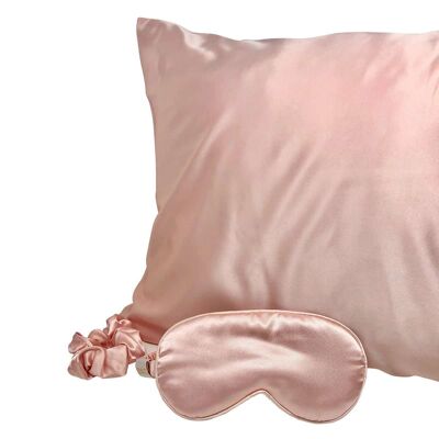 Satin Sleep Mask, Hair Scrunchie & Pillowcase Set - Pink