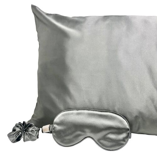 Satin Sleep Mask, Hair Scrunchie & Pillowcase Set - Grey