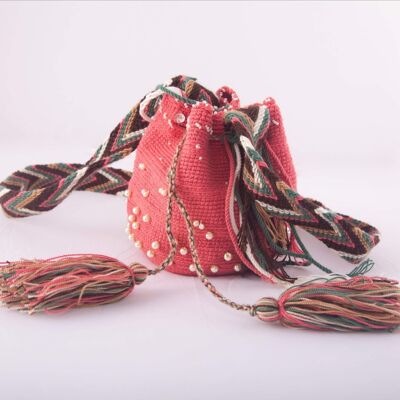 Small embellished guava Wayuu shoulder bag