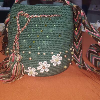 Small embellished green Wayuu bag