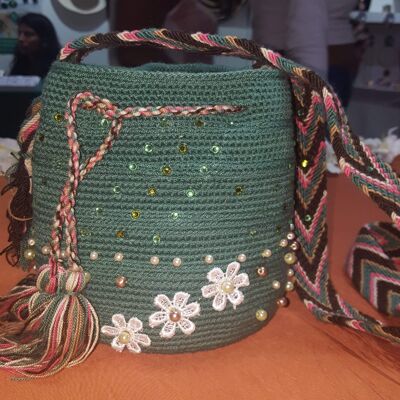 Small embellished green Wayuu bag