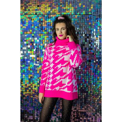 Neon Pink Houndstooth Knitted Jumper
