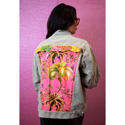Beige Hawaiian Print Floral Reworked Denim Jacket Size 14