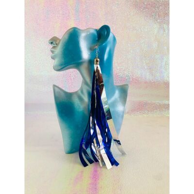 Silver & Blue Shoulder Length Tinsel earrings #105
