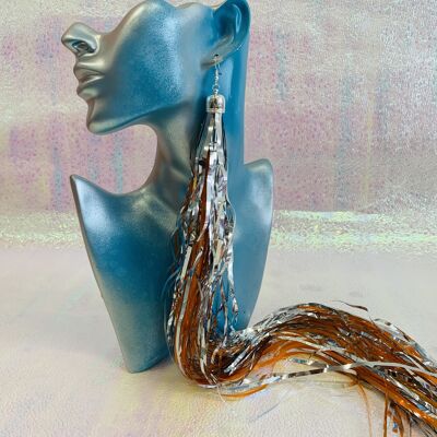 Zero Waste tinsel earrings #55 - Silver and Orange
