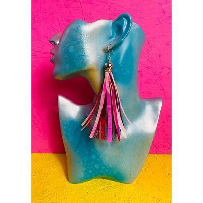 Pink and White Tinsel Tassel Earrings