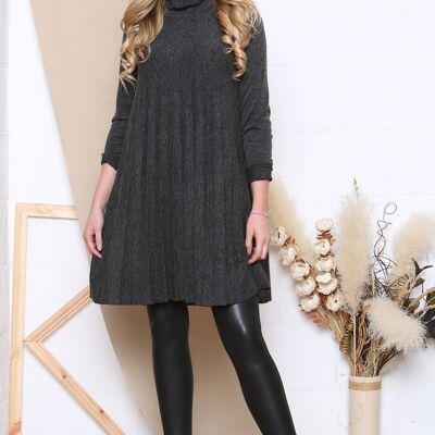 Charcoal roll neck loose fit long sleeve knitted dress