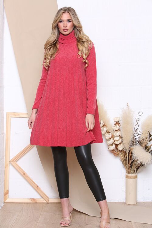 Red roll neck loose fit long sleeve knitted dress
