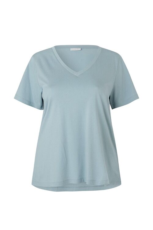 Dusty blue V-neck long tee in organic cotton and lenzing modal