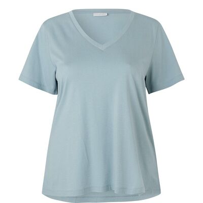 T-shirt lunga scollo a V blu polvere in cotone biologico e modal . lenzing