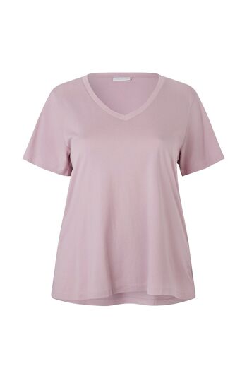 T-shirt long col V rose aube en coton bio et modal lenzing 1