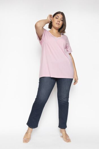 T-shirt long col V rose aube en coton bio et modal lenzing 2