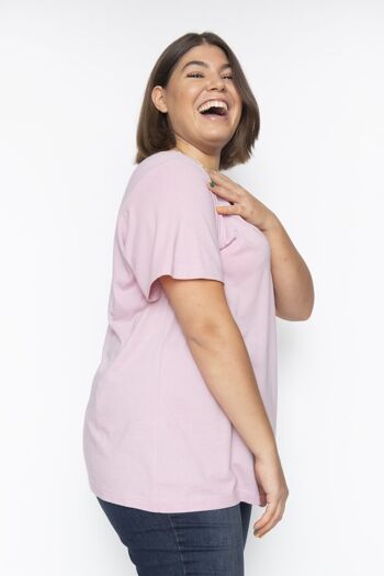 T-shirt long col V rose aube en coton bio et modal lenzing 3