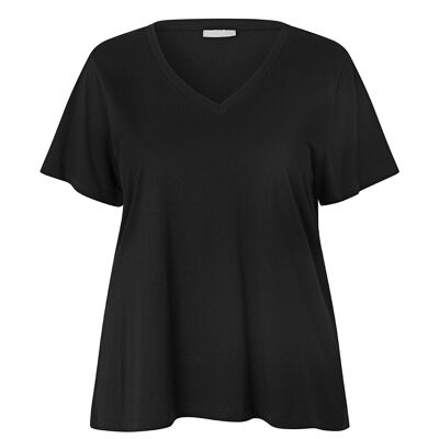 T-shirt lunga nera con scollo a V in cotone biologico e modal lenzing