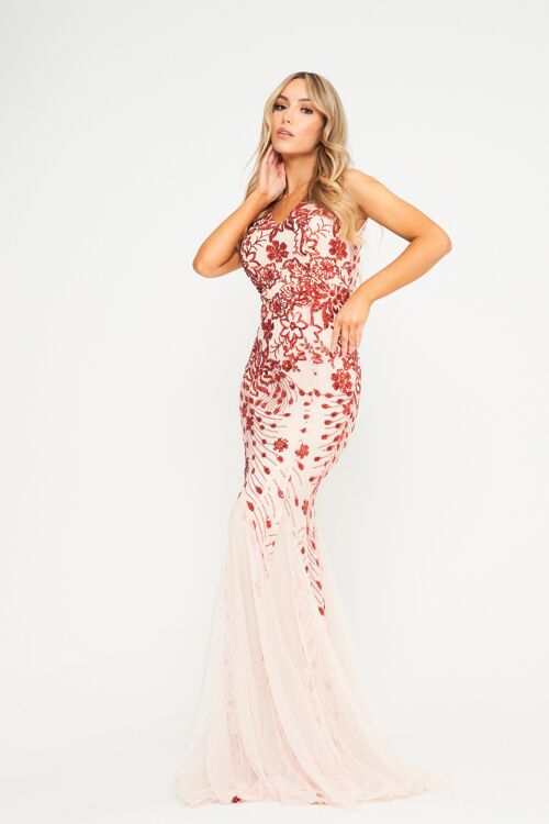 Red Sequin Champagne Mesh Insert Maxi Dress