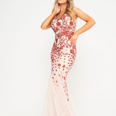 Red Sequin Champagne Mesh Insert Maxi Dress