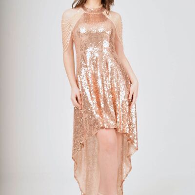Jewel Shoulder Hi-Lo Sequin Dress Champagne