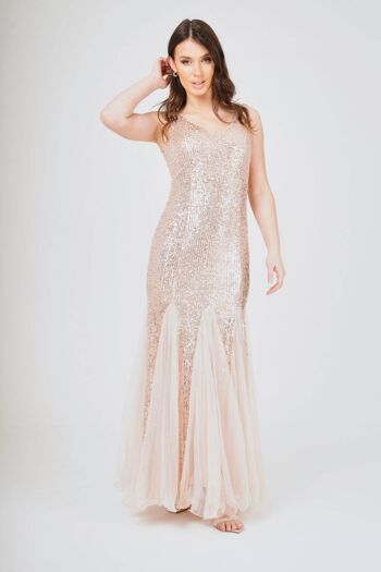 Robe longue avec empiècement en maille à sequins Champagne