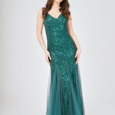 Sequin Mesh Insert Maxi Dress Green