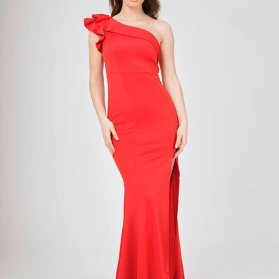 Frilled One Shoulder Maxi Dress Red